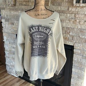 Last Night We Let Liquor Talk oversized distressed animal print cuff sweatshirt